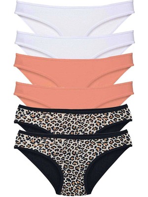 Giyim 6 Adet Likralı Kadın Slip Külot Leopar Beyaz Pudra