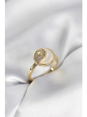 Butik Ay Yıldız Model Gold Renk Zirkon Taşlı Kadın Yüzük