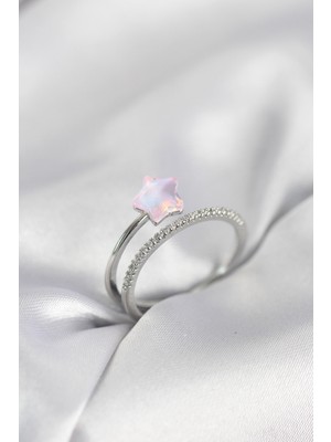 Novytech Gümüş Renk Zirkon Taşlı Pembe Halley Model Kadın Yüzük - Lisinya