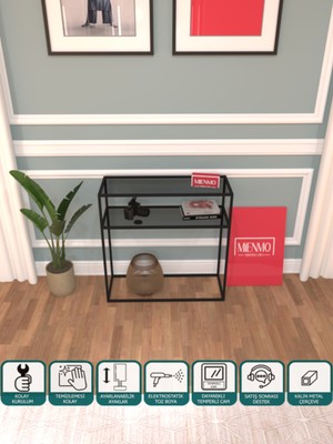 Normadia Şık Siyah Füme Camlı Çok Raflı Metal Dresuar, 80 Cm, Dekoratif Köşe Parçası