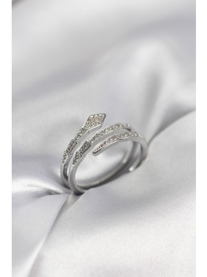 Novytech Yılan Model Gümüş Renk Zirkon Taşlı Kadın Yüzük - Lisinya