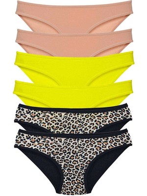 Giyim 6 Adet Likralı Kadın Slip Külot Leopar Ten Sarı