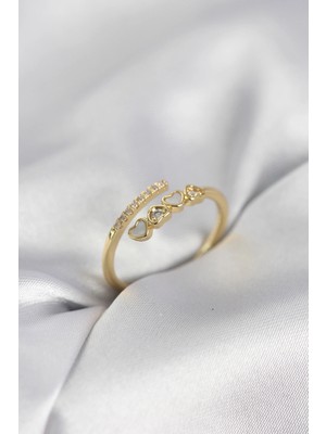 Butik Gold Renk Zirkon Taşlı Minimal Kalp Model Kadın Yüzük