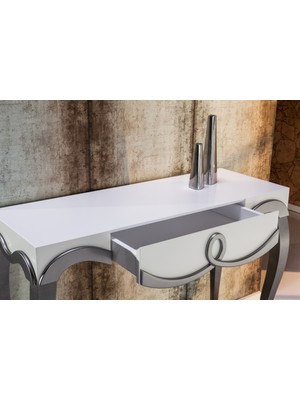 Normadia Modern Kayın Ağacı Dresuar, Aslan Lüken Ayak, Cnc Kabartmalı, Parlak Gri Beyaz