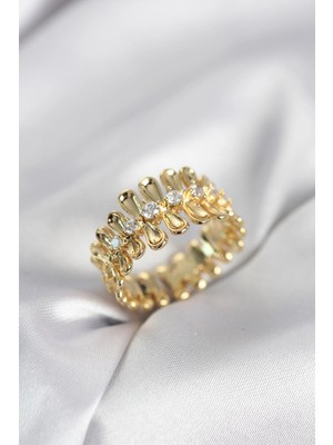 Butik Gold Renk Zirkon Taşlı Sıralı Damla Model Kadın Yüzük