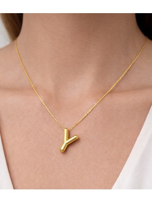 14 Ayar Gerçek Altın Y Harfi Kolye Ucu Zinciri