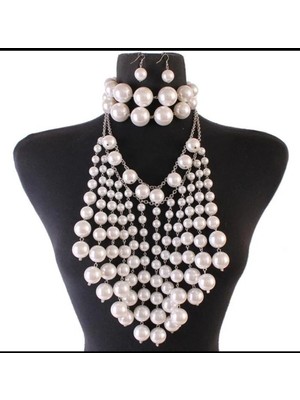 Shiklik Inci Detaylı Çok Katlı Sallantılı Kadın Takı Seti - Kolye, Bileklik ve Küpe