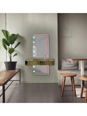 Normadia Renkli LED Işıklı Gold Aynalı Çekmeceli Makyaj Masası Seti