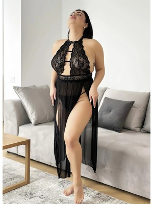 Giyim Büyük Beden Siyah Uzun Derin Dekolteli Dantel Işlemeli Fantezi Gecelik