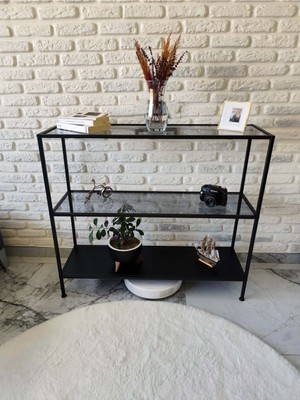 Normadia Şık Füme Cam ve Siyah Ahşap Dekoratif Köşe Konsolu