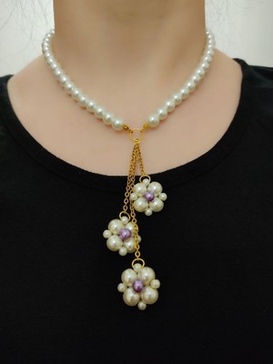 Shiklik Inci Detaylı Çiçek Sallantılı Zarif Kolye - Gold Zincir Detaylı