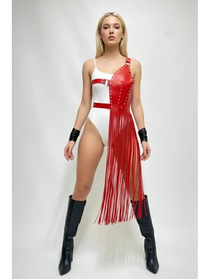 Giyim Kırmızı Etek Deri Zımba Detaylı Etek Püsküllü - BRF1014
