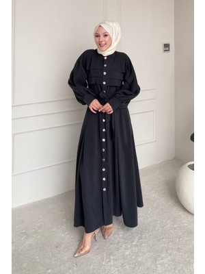 Tesettür Diyarı Liva Tansel Kumaş Önden Düğmeli Kuşaklı Tesettür Elbise- Antrasit