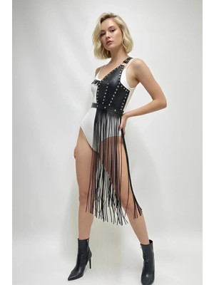 Giyim Siyah Etek Suni Deri Etek Zımbalı Uzun Püsküllü - BRF1014