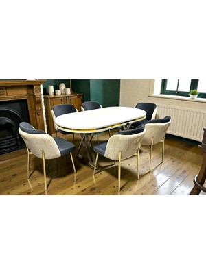 6 Kişilik Aura Gold Serisi Beyaz Lake Oval Yemek Masası ve Puff Açıkgri Kumaş Sandalye Takımı Modern ve Şık