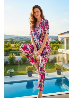 Remsa Kadın Desenli Kısa Kol Likralı Viskon Pijama Takımı 0266 Fuşya