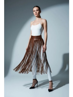 Giyim Kahverengi Etek Deri Görünümlü Püsküllü Yüksek Bel Etek - BRF1090