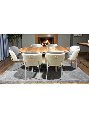 6 Kişilik Aura Krom Serisi Ceviz Lake Oval Yemek Masası ve Puffy Açık Gri Sandalye Takımı Modern