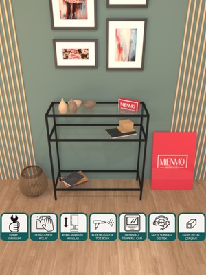 Normadia Modern Siyah Metal ve Camlı Çok Raflı Kahve Köşesi, 80 cm