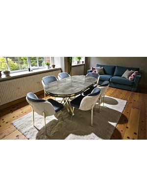6 Kişilik Aura Gold Serisi Ironi Lake Oval Yemek Masası ve Puffy Füme Sandalye Takımı Modern