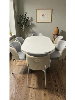 6 Kişilik Aura Krom Serisi Beyaz Lake Oval Yemek Masası ve Puffy A.gri Sandalye Takımı Modern Yemek Masası Takım