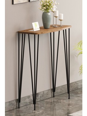 Normadia 80CM Atlantik Çam Dresuar, Modern Kahve Köşe Konsol, Siyah Metal Ayaklı