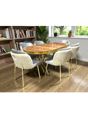 6 Kişilik Aura Gold Serisi Ceviz Lake Oval Yemek Masası ve Puffy Açık Gri Sandalye Takımı Modern
