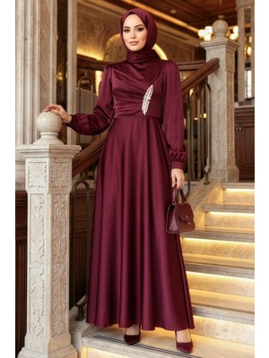 Drape Detaylı Bordo Tesettür Saten Abiye Elbise 6261BR