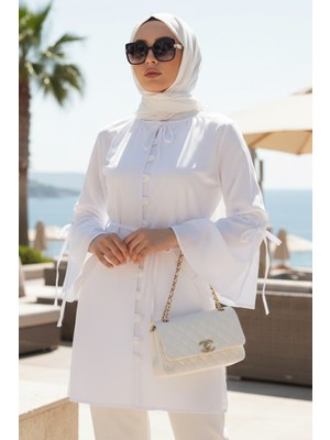 Volan Kollu Beyaz Tesettür Tunik 20298B