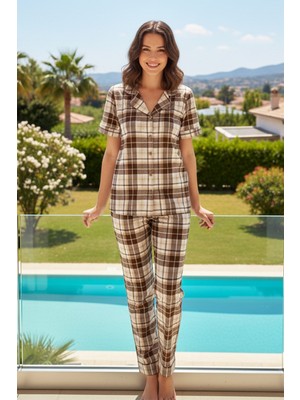 Remsa Kadın Ekose Desen Kısa Kol Suprem Pijama Takımı 0268 Kahverengi