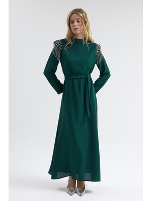 Vavinor Omuz Taş Detaylı Elbise - Zümrüt