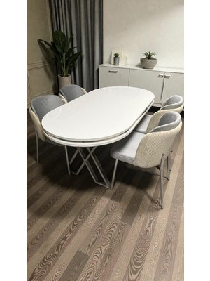 4 Kişilik Aura Krom Serisi Beyaz Lake Oval Yemek Masası ve Puffy A.gri Sandalye Takımı Modern