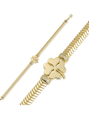 Lilarote Pırlanta Balık Sırtı Taşlı Yonca Altın Bileklik