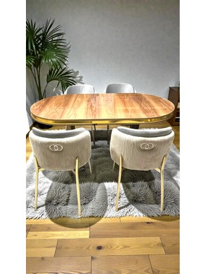 4 Kişilik Aura Gold Serisi Ceviz Lake Oval Yemek Masası ve Puffy Açık Gri Sandalye Takımı Modern