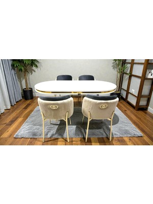 4 Kişilik Aura Gold Serisi Beyaz Lake Oval Yemek Masası ve Puffy Füme Sandalye Takımı Modern