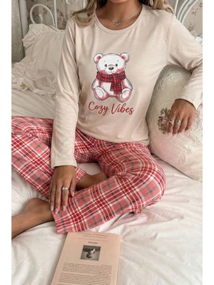 Madame Clara Ekose Desenli Ayıcık Detaylı Uzun Kollu Kadın Pijama Takımı