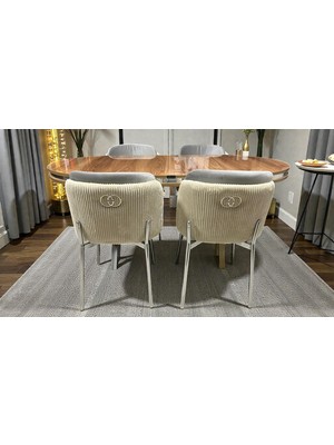 4 Kişilik Aura Krom Serisi Ceviz Lake Oval Yemek Masası ve Puffy Açık Gri Sandalye Takımı Modern