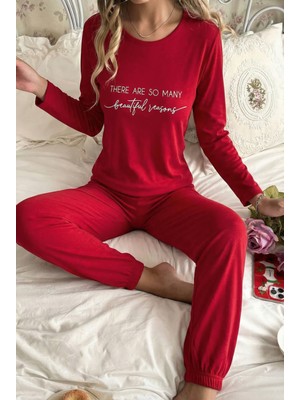 Madame Clara Yazı Detaylı Kadife Uzun Kollu Kadın Pijama Takımı
