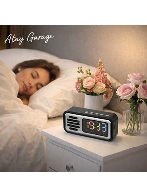 Atay Garage Retro Siyah Bluetooth Hoparlör Fm Radyo LED Dijital Masa Üstü Saat