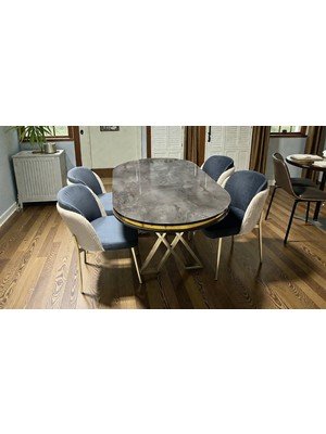 4 Kişilik Aura Gold Serisi Ironi Lake Oval Yemek Masası ve Puffy Füme Sandalye Takımı Modern