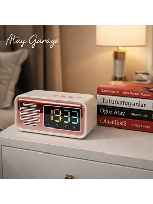 Atay Garage Retro Pembe Bluetooth Hoparlör Fm Radyo LED Dijital Masa Üstü Saat