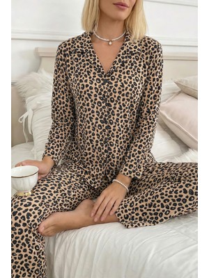 Madame Clara Düğme Kapanma Detaylı Süet Leopar Desenli Uzun Kollu Kadın Pijama Takımı