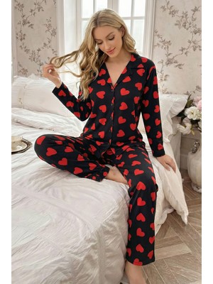 Madame Clara Düğme Kapanma Detaylı Kalp Desenli Uzun Kollu Kadın Pijama Takımı