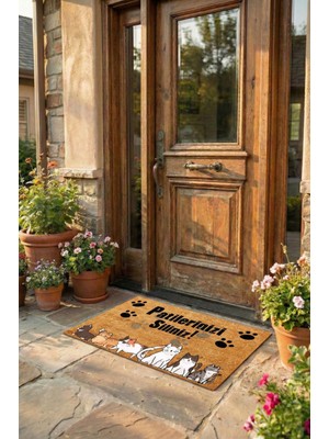 Esnature Kedili Kedi Desenli Patilerinizi Silin Yazılı Kapı Önü Paspası 45X70 cm