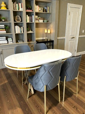 Msy Home 6 Kişilik Naz Serisi Beyaz Masa Yönsüz Kumaş Lüks ve Modern Yemek Odası Takımı