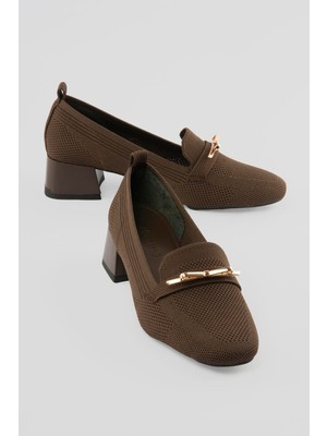 Mubiano Kadın Triko Topuklu Ayakkabı Gold Tokalı Sirel Kahverengi