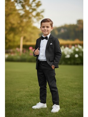 Merdia Kids Erkek Çocuk Flamlı Keten Takım Elbise (Ceket, Gömlek, Papyon ve Ipli Pantolon) Siyah