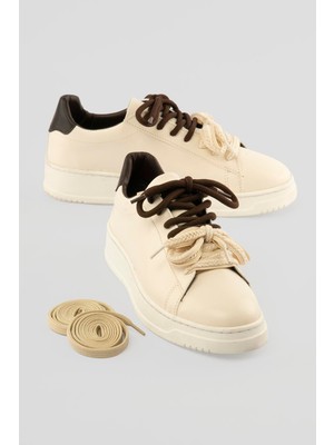 Mubiano Kadın Sneaker Kalın Taban Çift Bağcıklı Günlük Spor Ayakkabı Elvora Bej