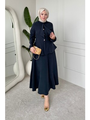 Tesettür Diyarı Milena Tansel Kumaş Fularlı Ceket-Etek Tesettür Takım- Lacivert