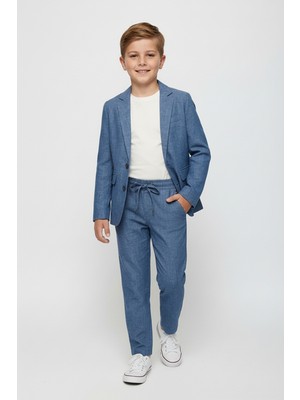 Merdia Kids Erkek Çocuk Keten Görünümlü Takım Elbise (Ceket, Tişört ve Beli Lastikli Pantolon) Melanj Mavi